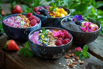 An elegant display of colorful, plant-based smoothie bowls topped with fresh fruits, nuts, and edible flowers, set on a rustic wooden table with a backdrop of leafy greens