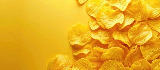 Aufkleber - A bird's-eye-view banner displaying textured golden corrugated chips on a yellow background, evoking a fast food theme with space for text or images. with copy space image