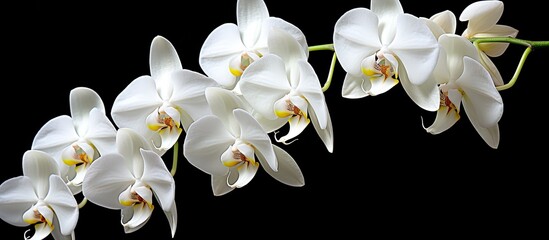 Wall Mural - A close-up of white orchid flowers in bloom set against a dark background, perfect for a copy space image.