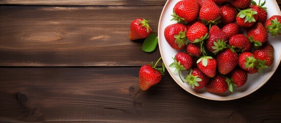 Poster - Freshly harvested strawberries arranged on a rustic wooden backdrop in a white metal plate with a red strawberry - providing a top view with a copy space image.