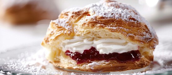 Fototapete - Delicate French cream puff dessert, showing a choux bun with whipped cream and cherry jam atop sugar powder, halved on a glass plate against a white background, close-up with copy space image.