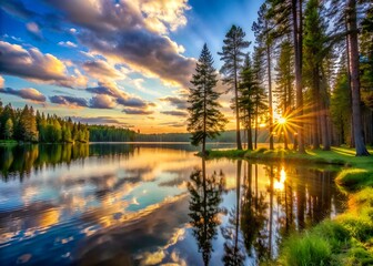 Wall Mural - A picturesque scene unfolds as the sun sets over a tranquil lake, with tall trees lining the foreground, creating a serene natural landscape