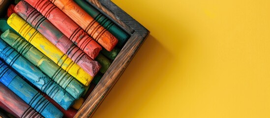 Poster - Top view of soft pastels in a wooden box on a yellow background, with copy space for text. These are drawing materials.