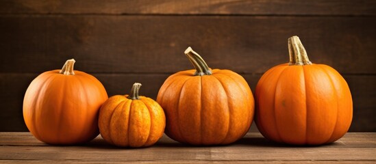 Poster - Autumn harvest of three pumpkins stacked on a wooden backdrop with copy space image.