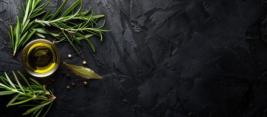 Poster - Spicy herbs bay leaf and rosemary oil on a black background with copy space image for text. Top view shot.