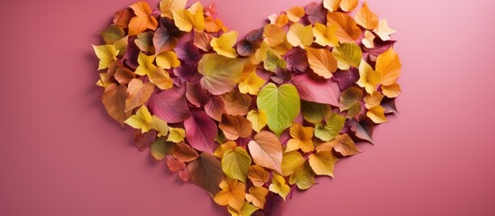 Wall Mural - A studio shot from above of an autumn-themed group where orange, green, yellow, and brown leaves form a heart shape cutout on a pink background in a horizontal orientation, leaving space for