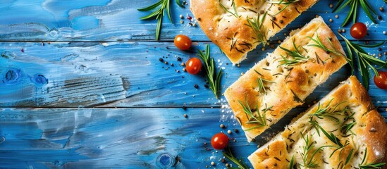 Poster - Top view arrangement of focaccia bread on a blue wooden surface with room for text in the image. with copy space image. Place for adding text or design