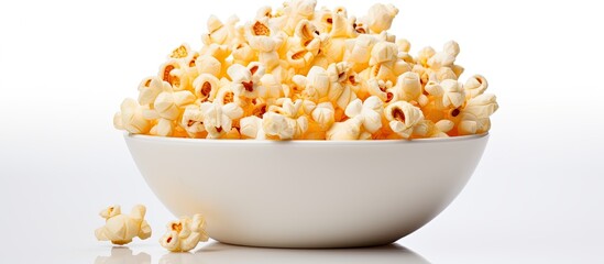 Poster - Fresh salty popcorn in a white bowl, isolated on a white background, perfect for a copy space image.