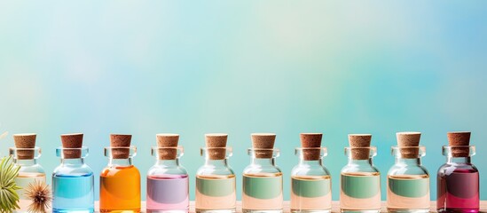 Poster - Essential oil bottles arranged with copy space image on colorful background.