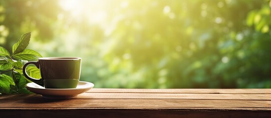 Aufkleber - Selective focus on a cup of coffee placed on a wooden table in the sunlight, against a green nature backdrop, with ample copy space image available.