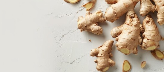 Aufkleber - Top view of a fresh ginger root on a plain white background with space for additional image or text.