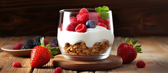 Poster - Glass of diet yogurt with granola, fresh berries, and strawberry slices on a wooden table with a spacious area for additional content or text.