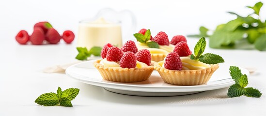 Leinwandbilder - Fresh homemade mini tartlets filled with summer raspberries, vanilla custard, and mint leaves, displayed on a white background with ample copy space image.