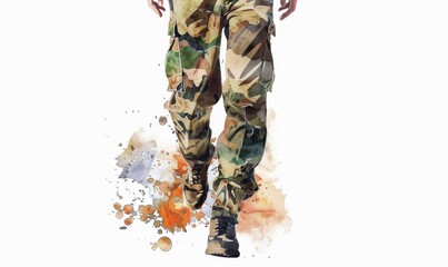 Camouflage-patterned pants. Digital illustration, white background, watercolor style 