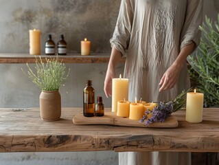 Canvas Print - Minimalist Table Setting with Natural Aromatherapy Candles and Essential Oils for Relaxation and Wellness