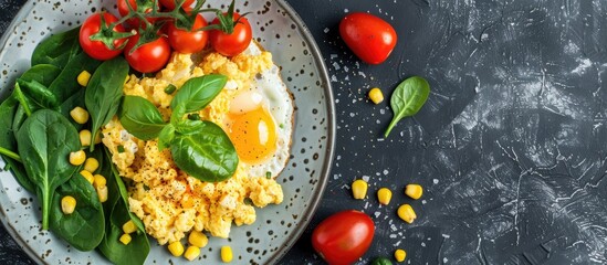 Aufkleber - Top view flat lay breakfast of scrambled eggs with cherry tomatoes, spinach, and corn on a plate with a visible copy space image.