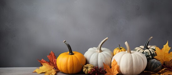 Wall Mural - Gray background with autumn leaves and white pumpkins in a copy space image