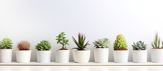 Poster - An array of succulent plants in white pots showcased on a white shelf against a white wall, illustrating a home floriculture concept with copy space image.