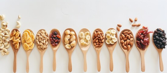Leinwandbilder - Various nuts and dried banana slices arranged on a wooden spoon displayed on a white kitchen counter with space for additional imagery.