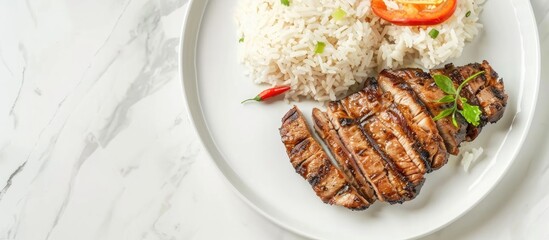 Aufkleber - Grilled Pork and Jasmine Rice on a white background plate, suitable for background purposes with available copy space image for adding text.