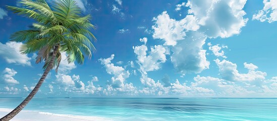 Wall Mural - Tropical beach scene with a palm tree against a blue sky and white clouds serves as a background for adding text or images. with copy space image. Place for adding text or design
