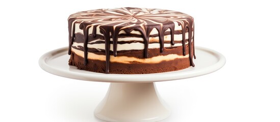 Poster - Zebra Pie or Marble cake displayed on a white cake stand with a striking contrast of chocolate and vanilla layers. Ideal for showcasing with ample copy space image.