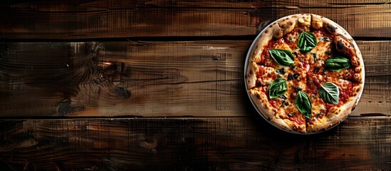 Wall Mural - Top-down view of a Pizza Margherita displayed on a wooden surface, with ample copy space available in the image.