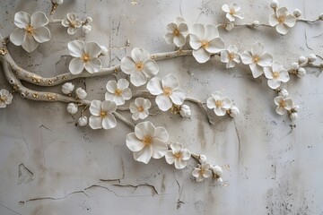 Wall Mural - Volumetric stucco molding of delicate sakura flowers in full bloom, their branches spreading gracefully across the wall.