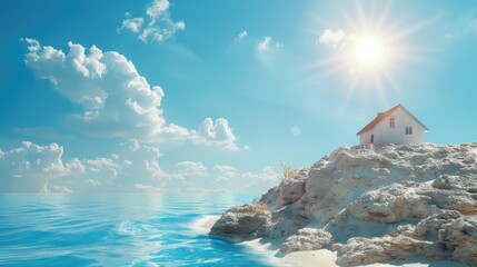 Wall Mural - cozy home perched on a rocky outcropping in the midst of the vast ocean, perfect for a peaceful retr