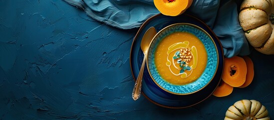 Aufkleber - Flat lay of pumpkin cream soup in a blue plate on a deep classic blue background with pumpkin slices, blue textile, and a spoon, creating a copy space image.