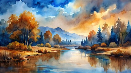 Wall Mural - Abstract landscape watercolor painting in blue and brown