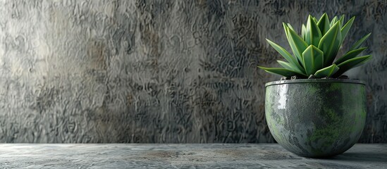 Poster - Gray stone background sets the scene for a green plant pot with a succulent, leaving room for additional elements in the image.
