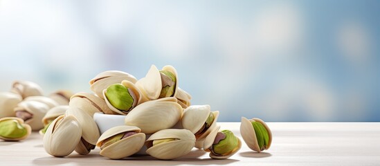 Aufkleber - Delicious pistachios on a table with a light background and copy space image.
