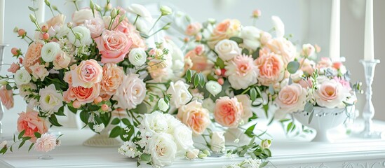 Wall Mural - Table decorated for a wedding celebration. Bouquets of pink, white and peach flowers, vintage decor. White bright room, an arch of rose flowers. Copy space image. Place for adding text or design