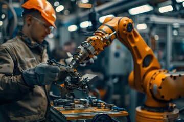 Wall Mural - Industrial Worker Adjusting a Robotic Arm in a Manufacturing Facility