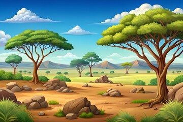 Wall Mural - African savannah landscape, wild nature of Africa, cartoon background with green tree, rocks and plain grassland field under blue clear sky. Kenya panoramic view, parallax scene, Vector illustration