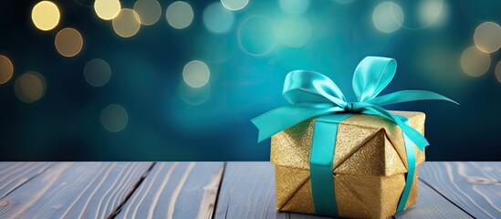 Wall Mural - A Golden gift box and a green Christmas ball are placed on a wooden table with a blurred blue background for copy space image.