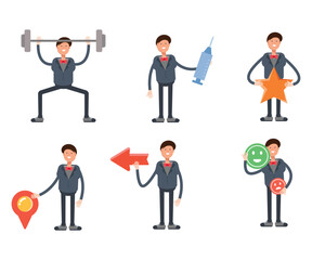 Poster - businessman in suit characters in various poses vector illustration