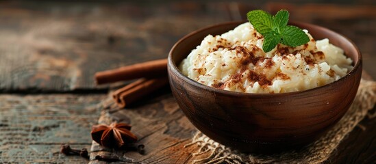 Aufkleber - Traditional and healthy rice pudding with cinnamon, ideal for dessert or breakfast, with copy space image.