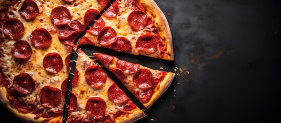 Poster - An aerial view of a pepperoni pizza with a missing slice, captured from above on a dark textured surface with a designated area for text in the image. with copy space image