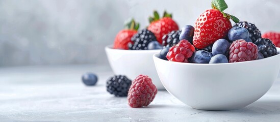 Fototapete - A summer-themed image featuring freshly picked berries in bowls on a white table evoking thoughts of summer cuisine, showcased with a soft focus and ample copy space.
