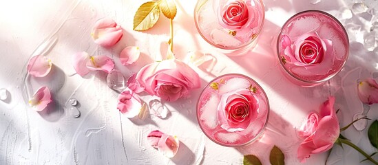 Leinwandbilder - Pink rose drinks on a white background with a sunny backdrop, featuring rose flowers in a close-up view, perfect for a copy space image.