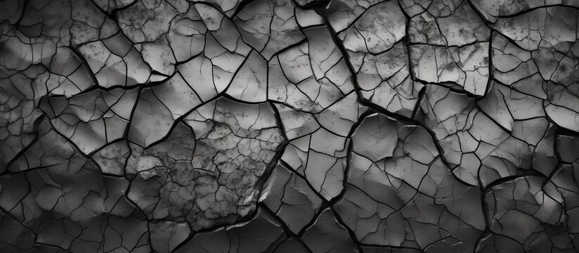 Detailed close-up of cracked asphalt road texture in a monochrome black and white image with abstract patterns, suitable for graphic design with concepts like safety, dangerous driving, economic