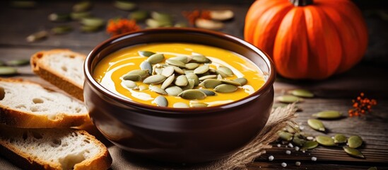 Aufkleber - Creamy pumpkin soup with pumpkin seeds is shown in the copy space image.