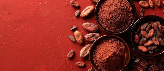 Poster - Red background with copy space image featuring organic cacao beans, cocoa powder, and chocolate, suitable for text placement. Top view, flat lay of vegan food ingredients for use in backgrounds,