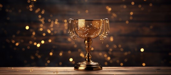 Golden metal glasses on an aged wooden table with a space for a copy space image. A luxurious setting with a golden trophy on a dark background, perfect for a New Year celebration design against a