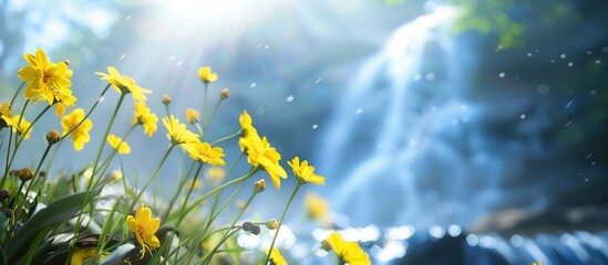 Wall Mural - A beautiful background with small yellow flowers against a blurred waterfall and blue sky, providing copy space for a wallpaper.