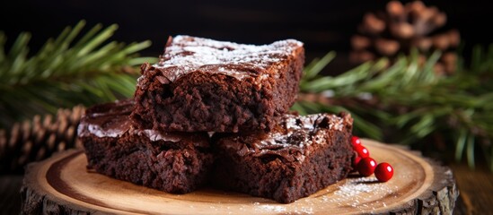 Poster - Enjoy homemade chocolate fudge brownies with milk on a rustic wooden table in a festive setting perfect for Christmas and winter holidays. Ideal for a warm and cozy holiday gathering with a delicious