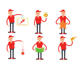 Poster - girl wearing cap characters in various poses vector illustration