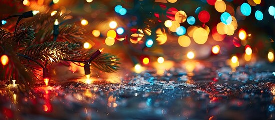 Wall Mural - Abstract background with blurred Christmas and New Year holiday lights, shadow, and a clear area suitable for inserting an image. with copy space image. Place for adding text or design